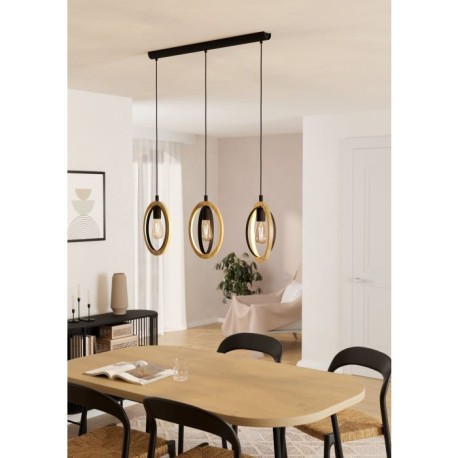 Lampara colgante de madera y color negro de 3L